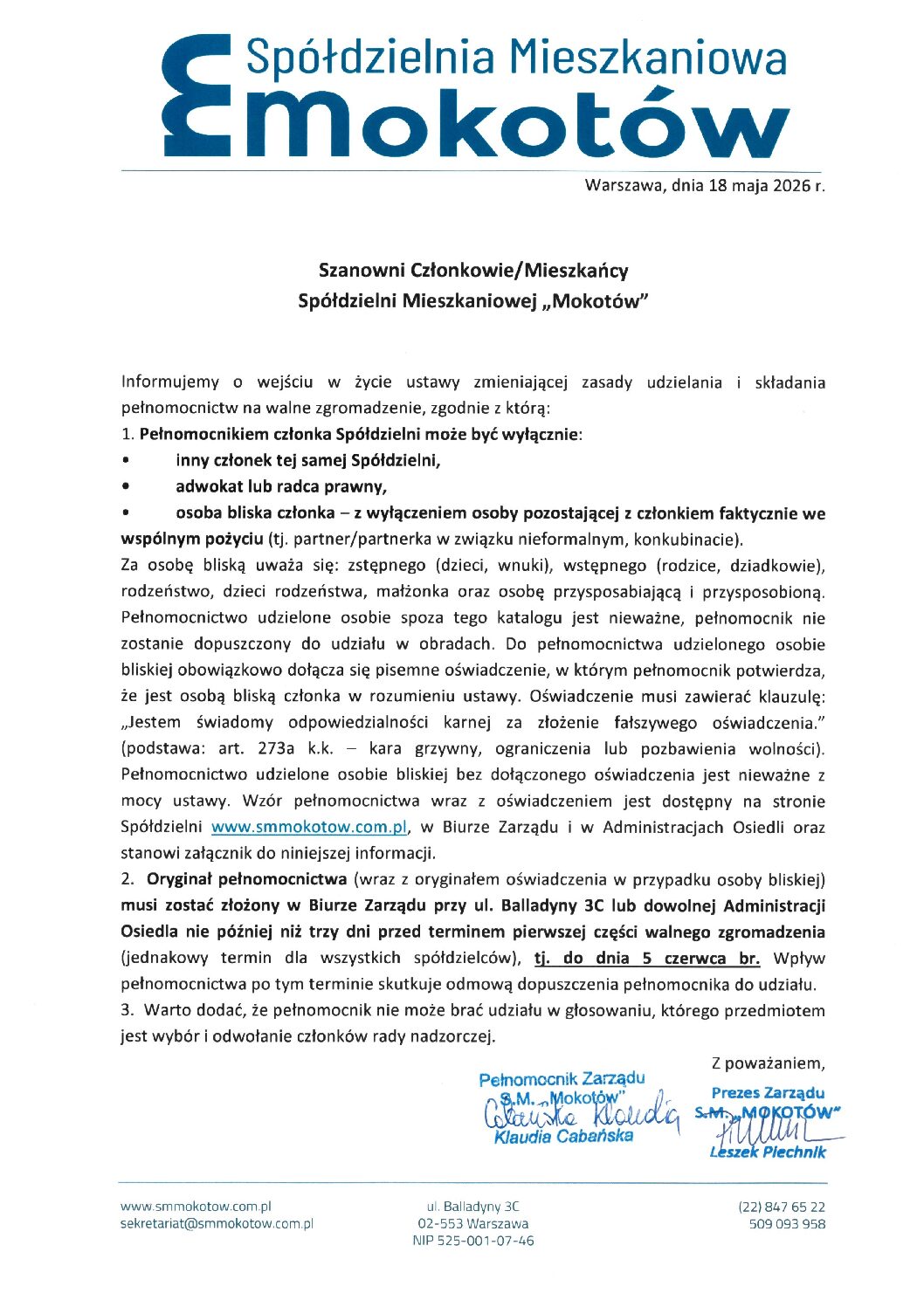 Informacja o zasadach udzielania i składania pełnomocnictw na WALNYM